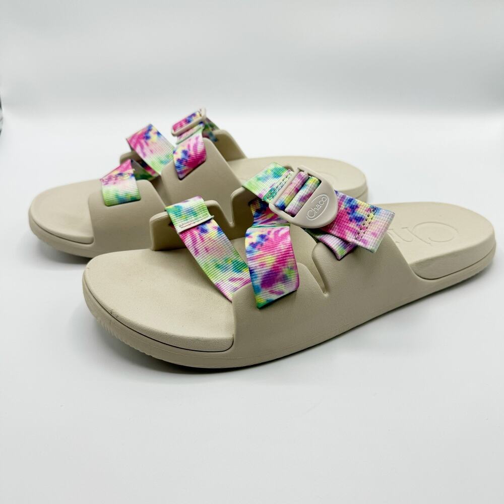 Chaco Beige Slide Sandals with Multicolor Tie-Dye Straps